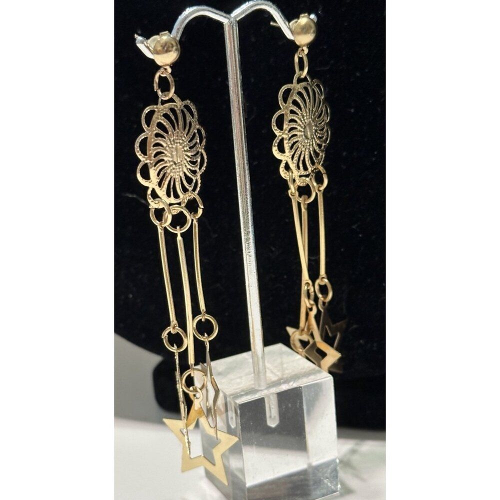 Gold Tone Dangle Earrings Stars 80s Light Weight Statement